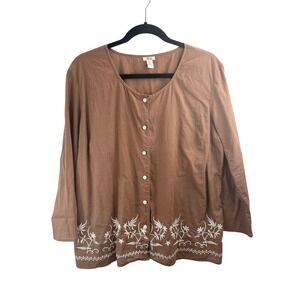 Bass & Co Womens XL Brown Cotton Floral Embroidered Button Front Boho Earthy Top